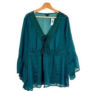 Torrid ladies dark green babydoll  chiffon sheer blouse size 3x festival cute